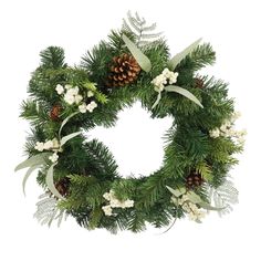 a christmas wreath with white flowers and pine cones