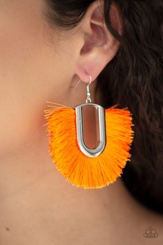 Neon orange thread fans out from a striking silver fitting, creating a vivacious fringe. Earring attaches to a standard fishhook fitting. Sold as one pair of earrings. P5ST-OGXX-005XX Paparazzi Earrings, Paparazzi Accessories Jewelry, Fringe Earring, Orange Box, Nickel Free Jewelry, Orange Earrings, Yellow Earrings, Fish Hook Earrings, Paparazzi Accessories