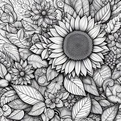 a drawing of a sunflower surrounded by leaves