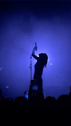 a woman standing on top of a stage holding a microphone in front of her head