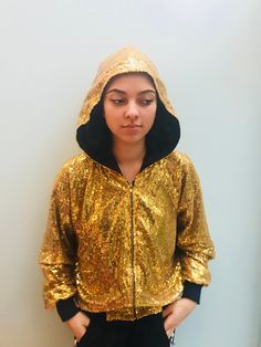 Gorgeous Gold Rush Bomber Jacket. Handmade in limited quantity, this jacket is beautifully made, with the shiniest of gold sequin material, hooded, with quality cuffs and lining. A firm favourite, and perfect for the festive season! Available in S 8-10-12 UK Size, L 14-16-18 Winter Festival Sequined Outerwear, Long Sleeve Sequined Outerwear For Festivals, Gold Sequin Jacket, Metallic Bodysuit, Sequin Bodysuit, Festival Gear, Sequin Outfit, Boho Jacket, Sequin Jacket