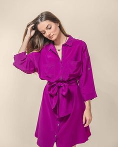 Fuchsia Silk Shirt Dress Silk Crepe De Chine | Etsy Silk Button Down Shirt, Silk Shirt Dress, Button Down Shirt Dress, Dress Silk, Pearl Buttons, Mother Of Pearl Buttons, Silk Crepe, Silk Shirt, Tie Belt