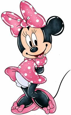 minnie mouse with pink and white polka dots on it's head, standing in the air