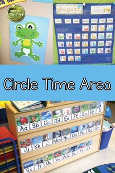 the words circle time are written in large letters and on top of a bookcase