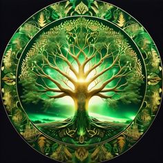 a green and gold plate with a tree on it's side in the center