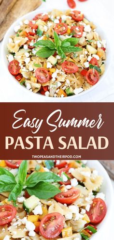 two bowls filled with pasta salad and topped with fresh basil leaves, tomato slices, and feta cheese