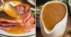 two pictures one with meat and the other with gravy