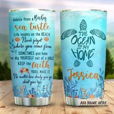 two blue tumblers with sea turtle sayings on them