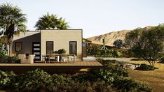 an artist's rendering of a house in the desert with palm trees and mountains in the background