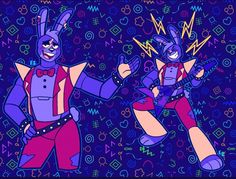 two cartoon characters are playing guitars in front of purple and blue background with symbols around them