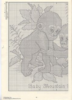 a cross stitch pattern with a teddy bear holding a baby in it's arms