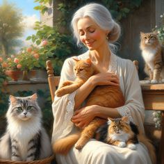 a painting of a woman holding a cat and two cats sitting in front of her