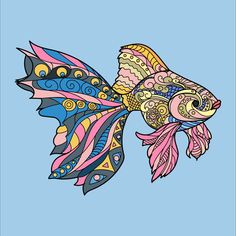 a drawing of a colorful fish on a blue background with an orange and pink tail