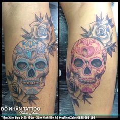 two tattoos with skulls and roses on them