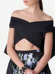 off-shoulder silk cropped top from CAROLINA HERRERA featuring black, silk, oversize bow detail, pleat detailing, off-shoulder, short sleeves and cropped. | Carolina Herrera Off-Shoulder Silk Cropped Top Silk Crop Top, Ball Skirt, Criss Cross Top, Yoko London, City Dress, Summer Beach Wear, Elbow Length Sleeve, Carolina Herrera, Dolce & Gabbana