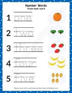 the worksheet for number words with fruits and vegetables on it, including one two four