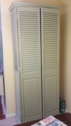 a bedroom with two white closets next to each other