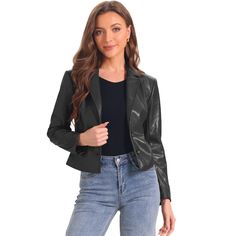 Crafted from vegan leather, this jacket is stylish and animal friendly. Black color adds sophistication to any wardrobe, with a fitted silhouette and double-button design perfect for any occasion. This jacket, crafted from lightweight, durable materials, is comfortable for daily wear. The faux leather is soft and supple, making it a chic, cruelty-free choice for fashion-conscious individuals. This moto-inspired blazer features a notched collar for a trendy look. The double-button closure adds un Cropped Faux Leather Jacket, Motorcycle Vintage, Biker Coat, Moto Biker Jacket, Jackets Black, Cropped Blazer Jacket, Black Faux Leather Jacket, Women's Jackets, Cropped Blazer