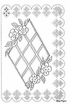 a cross stitch pattern with flowers and leaves on the border, in black and white