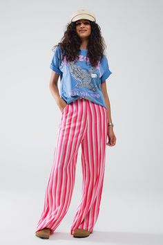 Length: Full length. Subcategory: Pants. Print: Stripe design. Fit: Relaxed fit. Leg: Straight. Style: Party. Fabric: Satin . Zipper: Zip side. runs true to size. S. 100% Polyester LINING 100% Polyester Striped Pants Women, Model Standing, Striped Pant, Satin Pants, Chic Pink, Vertical Stripes, Romper Pants, Striped Pants, Color Rosa