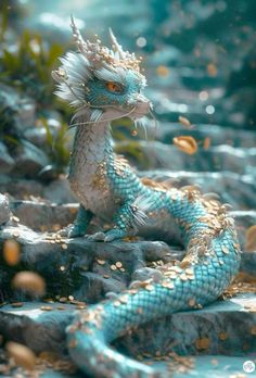 a blue and gold dragon statue sitting on top of rocks