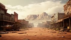 an old western town with mountains in the background and rocks scattered on the ground to the foreground