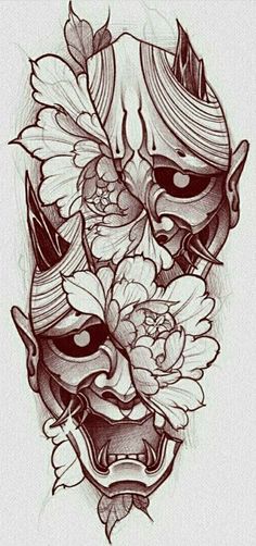 a drawing of two masks with flowers on them