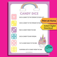 a candy dice game with the words candy dice on it and an image of a cupcake