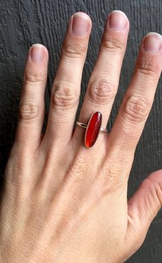 Minimalist Elongated Oval Blood Red Carnelian Sterling Silver Statement Ring with Serrated Bezel | C Boho Rocker Chic, Boho Rocker, July Birthstone Ring, Elongated Oval, Red Carnelian, Carnelian Ring, Rocker Chic, Statement Ring Silver, Blood Red