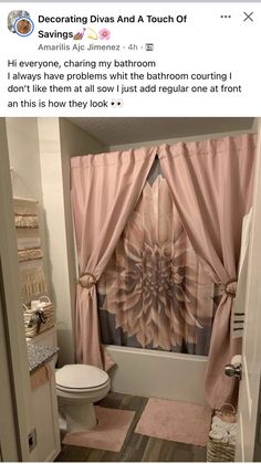 the bathroom is decorated in pink and gray