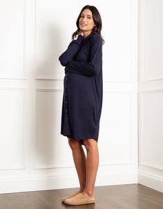 maternity, nursing, maternity nightwear, nursing nightwear, nightshirt, nursing nightshirt, buttons, skin to skin, functional placket, pocket, long sleeve, drop shoulder, birthing gown, hospital bag, hospital, labor, labour, easy nursing, navy, blue, bron Daywear Nursing-friendly Maternity Dress, Nursing Friendly Long Sleeve Sleepwear, Maternity Long Sleeve Sleepwear, Birthing Gown Hospital, Postpartum Dresses, Birthing Gown, Maternity Nightwear, Nursing Maternity, Skin To Skin