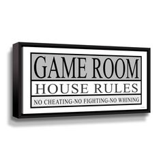 Game Room House Rules II Gallery Wrapped Canvas is the perfect wall dcor for you! Hang this stunning oversized art in your living room for a wonderful conversation piece. Display this wall art dcor in the bedroom for a little inspiration in the morning. Format: Black Framed Canvas, Size: 24" H x 48" W x 2" D | ArtWall Game Room House Rules II Gallery Canvas & Fabric in Black, Size 24.0 H x 48.0 W x 2.0 D in | Wayfair | Home Decor Game Room House, Modern Game Room, Small Zen Garden, Game Room Wall Decor, Room Signage, Game Room Signs, Small Game Rooms, Home Game Room, Game Room Wall Art