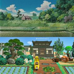 the before and after pictures of an animated garden with flowers, trees, and houses