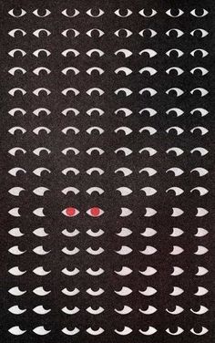 an abstract black and white pattern with red eyes in the center, on a dark background