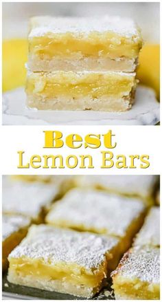 lemon bars with powdered sugar on top and the words best lemon bars above them