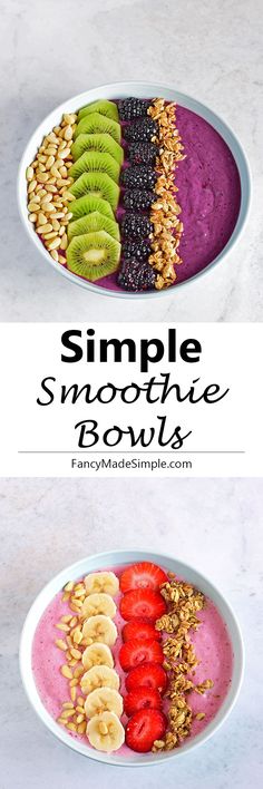 two bowls filled with different types of smoothie and fruit on top of each other