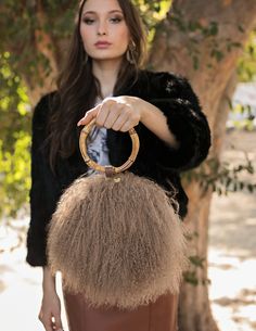 Bali - Mongolian Fur Tote in Natural - Le NUAGE Luxe Bamboo Handle Bag, Silk Bridal Robe, Feather Cape, Hair Bag, Ostrich Feather Trim, Mongolian Fur, Mongolian Lamb, Feather Jacket, Circle Bag