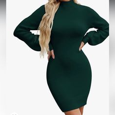 This Dress Is The Perfect Dress For Any Upcoming Christmas Parties Or Events! Super Cute! Brand: Leani Color: Dark Green Size: Small Soft Fabric, Mock Neck, Puff Sleeves, Ribbed Hem, Form Fitting. Long Sleeve Sweater Dress, Christmas Parties, Sleeve Sweater, Puff Sleeves, Perfect Dress, Long Sleeve Sweater, Soft Fabric, Mock Neck, Christmas Party