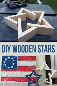 some wooden stars are sitting on top of a table and in front of an american flag