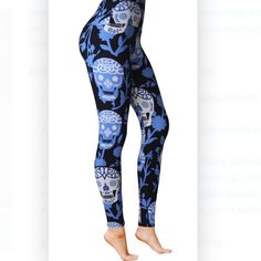 Comfy Brand Leggings In A Fun Blue & White Skull Print. These Super Soft Brushed Material Leggings Features A Super High Waist And Fitted Cut Allowing Amazing Comfort While Working Out, Striking Your Best Warrior Pose Or With A Chunky Sweater Touring The Town. Four-Way Stretch, Tummy Control And No-See-Thru Construction. 5" High Waist 92% Polyester 8% Spandex Approx Plus Fits L-Xl (Waist 13.5", Hip 18", Inseam 28" Ankle 4.5") Fitted Skull Print Leggings For Halloween, Black Skull Print Leggings For Halloween, Halloween Stretch Skull Print Leggings, Halloween Skull Print Black Leggings, Fitted Black Leggings With Skull Print, Casual Stretch Leggings With Skull Print, Casual Skull Print Stretch Leggings, Casual Skull Print Leggings, Fitted Halloween Bottoms With Skull Print