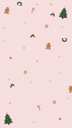 a pink background with christmas trees and gingerbreads on the bottom right corner is an image of a teddy bear