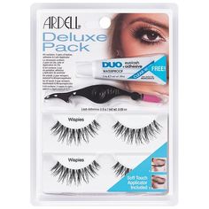 Everything you need for fabulous looking lashes in 1 pack! The original feathered lash Invisiband technology for a seamless look and comfortable wear Hand-woven to mimic real lashes Mid volume, graduated lengths Universally flattering to all eye shapes Longer in the center to open eyes DUO Clear Adhesive A favorite of professional makeup artists for decades Created for all-day wear with strip lashes Can also be used to apply individual lashes for daily wear Ardell Mini Dual Ended Lash Applicator Wispies Lashes, Ardell Lashes, Black Lashes, Strip Eyelashes, Wispy Lashes, Lash Adhesive, Magnetic Lashes, Eyelash Glue, Faux Mink Lashes