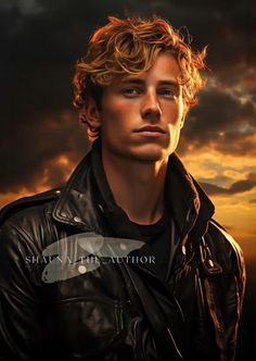 a young man wearing a black leather jacket and looking at the camera with dramatic clouds in the background