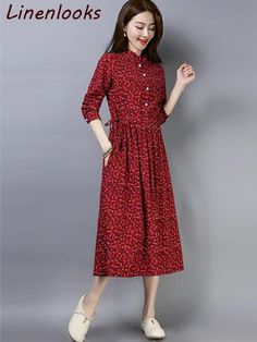 Material: Polyester Cotton and LinenStyle: vintageSilhouette: A-LinePattern Type: PrintSleeve Length(cm): FullDecoration: ButtonDresses Length: Mid-CalfSleeve Style: REGULARWaistline: NaturalNeckline: Stand CMbustlengthsleeveshoulderwaisthipM961085437L10010954.538XL10411055392XL1081115640 Red Floral Print Button-up Dress, Vintage Long Sleeve Dress With Buttons For Spring, Red Buttoned Midi Dress For Fall, Long Sleeve Vintage Dress With Buttons For Fall, Vintage Buttoned Midi Dress For Fall, Vintage Midi Dress With Buttons For Fall, Fall Vintage Long Sleeve Dress With Buttons, Vintage Red Midi Dress With Floral Print, Spring Long Sleeve Red Vintage Dress