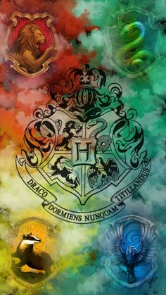 the hogwarts crest is shown on a colorful tie dye background with other harry potter symbols