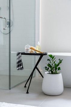 a bath room with a tub and a plant on the table in front of it