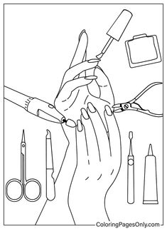 a coloring page with hands holding scissors and some other items to be used on it