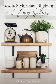 the shelves are filled with pots and pans on top of them, along with other kitchen items