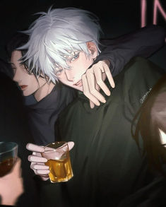 two people with white hair are hugging each other and one is holding a drink in his hand