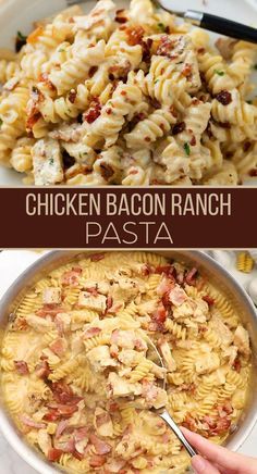 chicken bacon ranch pasta in a white bowl with a serving spoon and the title above it